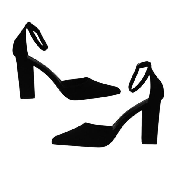 Black Suede High Heel Shoes Womens 10 Block Heel Ankle Strap Pointed Toe - Picture 4 of 6